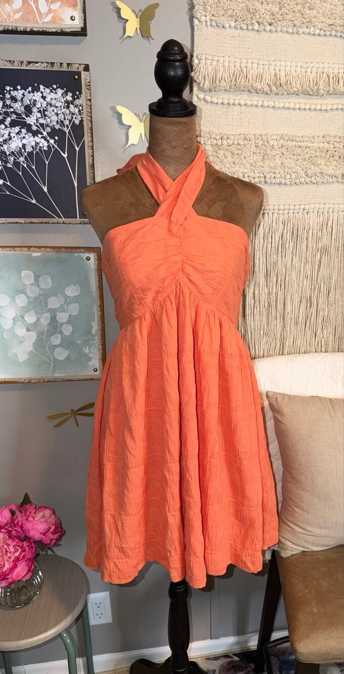 Express Coral Orange Textured Halter Mini Dress – Medium – NWT